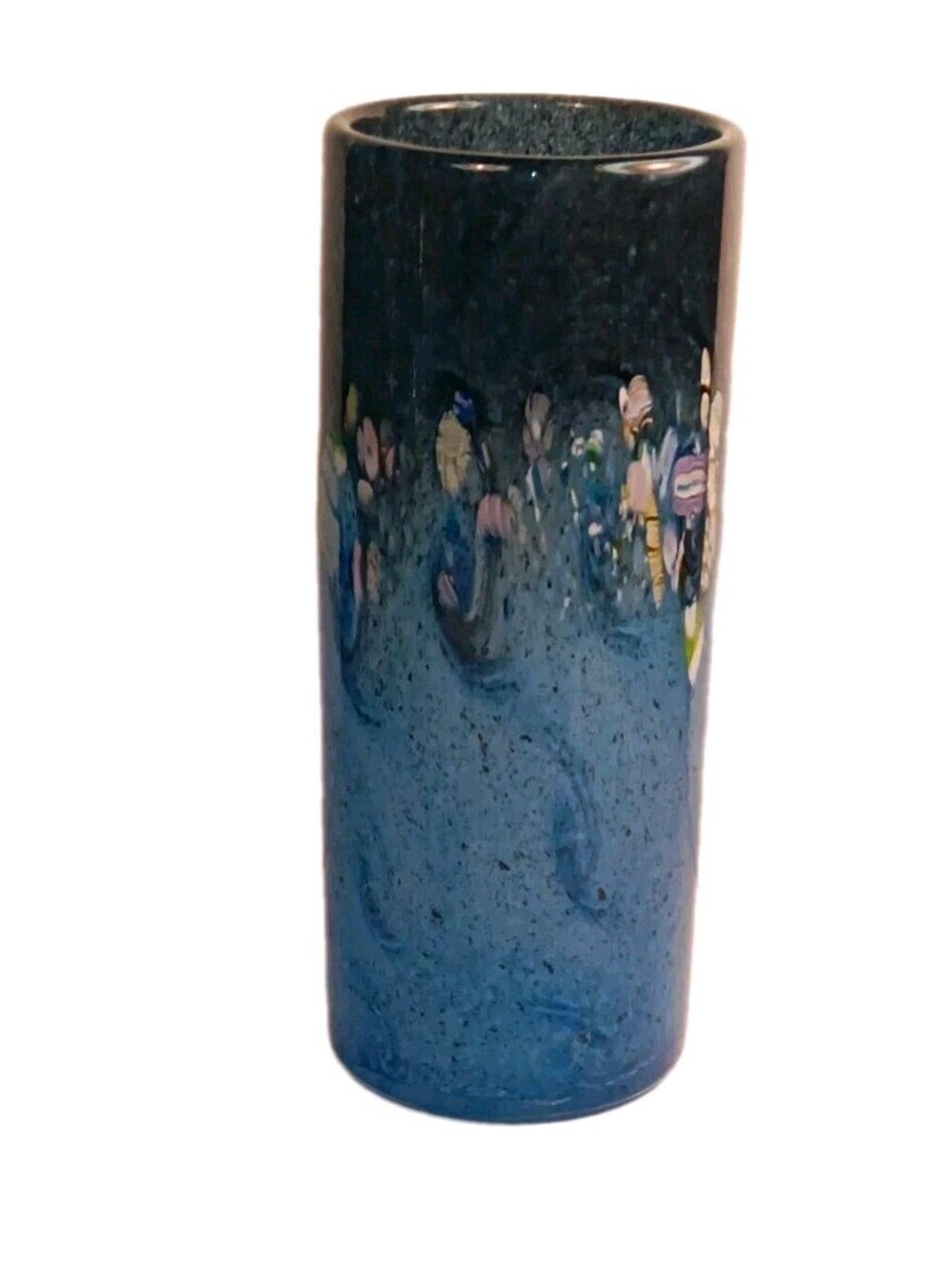 Vintage Blue Millefiori Hand Blown Art Glass Cylinder Vase 8.25" Swirl Pontil